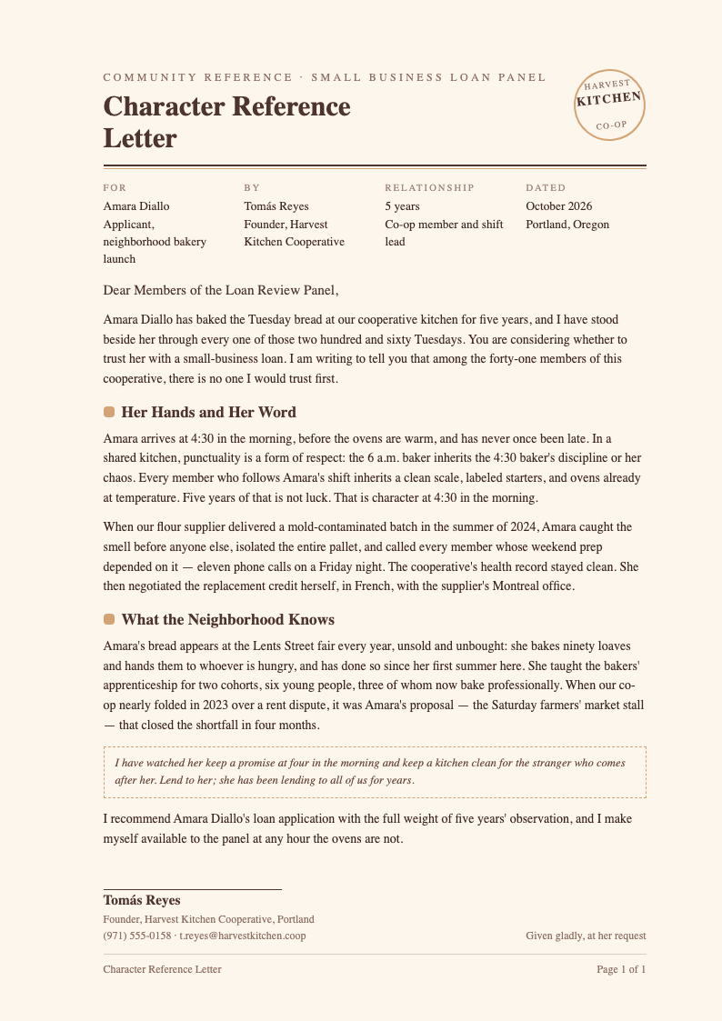 Artisanal coffee character reference letter
